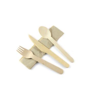 China Kraft paper wrap disposable wooden spoon fork knife napkin 3 in 1 wooden cutlery sets for sale