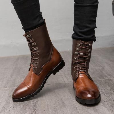 China New Style Vintage Anti-slippery Faux Leather Trim Chelsea Boots Fashion Men's Lace-Up Flat Casual Over The Top Ankle Boots For Men for sale