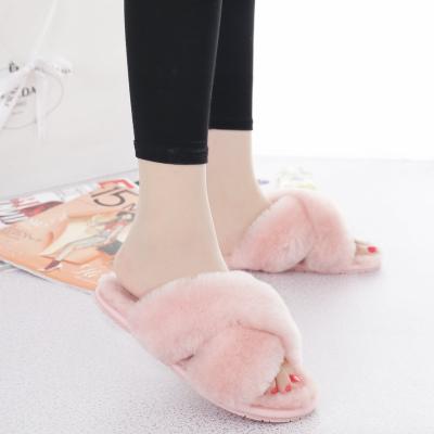 China Indoor Home Fluffy Sheepskin Toe Fur Slides Slippers Open Cross Wool Fur Fuzzy Sheep Skin Slippers Real Soft Fashion Women's Slip-resistant for sale