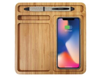 China For 2021 Hot Selling Eco-Friendly Bamboo Mobile Desktop Organizers Charger Tray Pen Holder 10W Qi Wireless Charger for sale