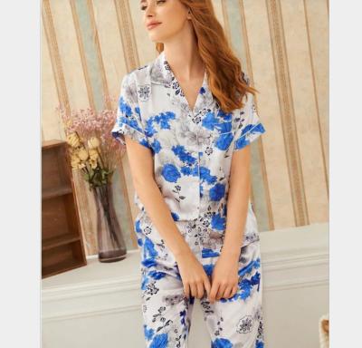 China QUICK DRY Soft V-Neck Print Home Pajamas Suit Plus Size Silk Fabric Imitated Clothing Wear Pajamas Suit for sale