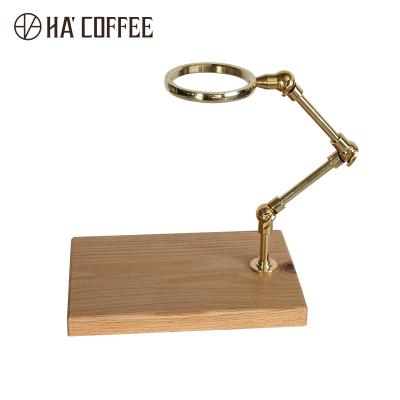 China Sustainable Coffee Drip Station Copper Spout Rack Brass Spill Over Coffee Spout Rack With Wood Base for sale