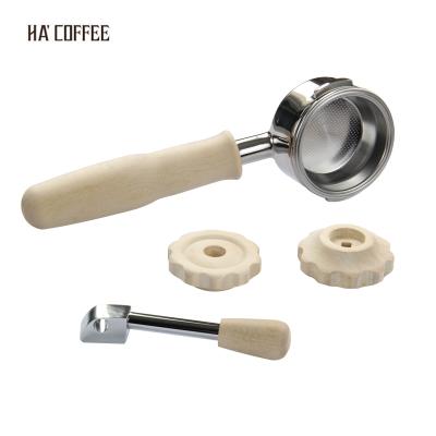 China Sustainable wood handle 51mm stainless steel bottomless double mouth coffee portafilter 58mm with espresso set for sale