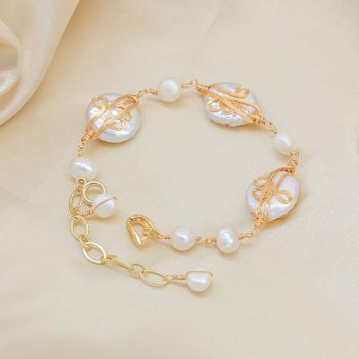 China FASHIONABLE wholesales high quality 18k gold plated baroque pearl adjustable natural freshwater bracelet for sale