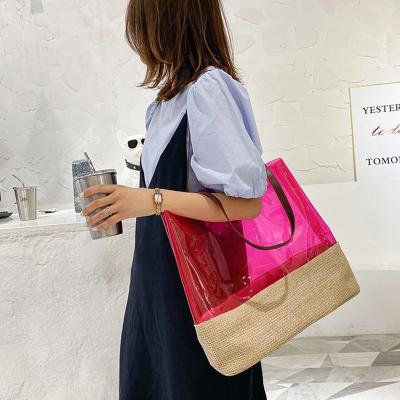 China Eco-Friendly Reusable Custom Logo Wholesale Two Half Made Transparent PVC And Straw Shopping Bag Fashion Tote Bag With Handles for sale