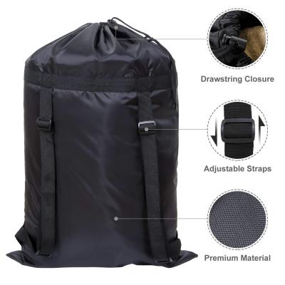 China Largest Capacity Traditional Household Drawstring Strap Laundry Storage Bag Polyester Waterproof Laundry Bag With Backpack Straps for sale