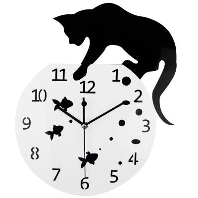 China Acrylic Quartz Cat Clock Living Room Decorative Watch Cat and Fish Design Creative Home Decor 3D Wall Clock Large Clocks Relojpared Clock for sale