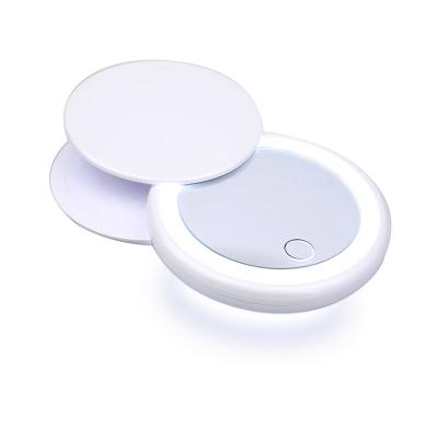 China Wholesale Cute Round Small Vanity Lighted Logo Led Makeup Mirror Handheld Portable Customized Mirror With Mobile Power for sale