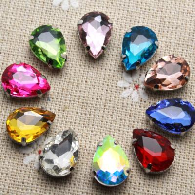 China Flatback Rhinestone 10x14mm Crystal Colorful Waterdrop Sew On With Claw Setting Back S Silver Fancy Stone With Claw With Holes for sale