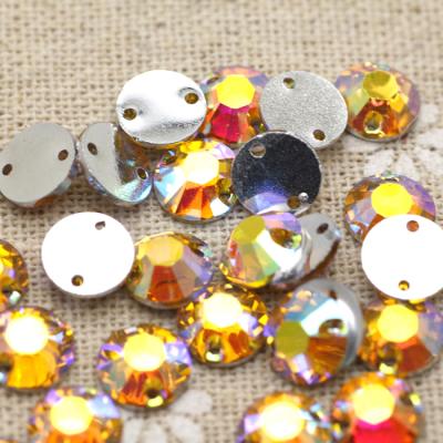 China Flatback 8mm Yellow Gold ab S Silver Round Base Sew On Rhinestone Beads 2 Stone Holes For Garment Accessories Decoration for sale