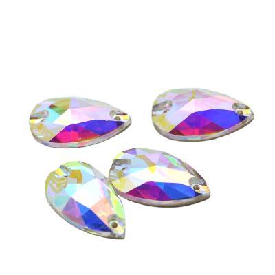 China Good Quality Flatback K9 Crystal ab Waterdrop Sew On Rhinestone With 2 Holes Flatback Glass For DIY Wedding Stylish Shoes Decoration for sale