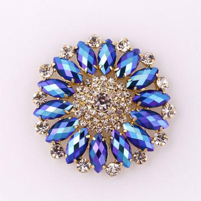 China Flatback Round Flower Rhinestone Applique With Gold Base Sew On Rhinestone Brooch For Clothes Shoes Decoration for sale