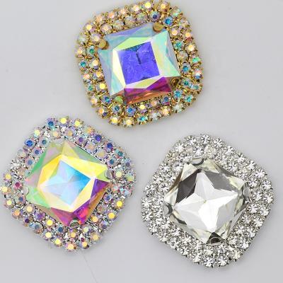 China Large Size Flatback 3.7cm Square Shape Glass Rhinestone Applique Sew On Rhinestone Buttons For DIY Wedding Elegant Shoes Decoration for sale