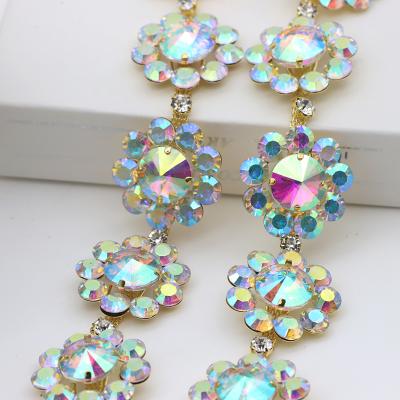 China Large Flower Crystal AB Rhinestone Cup Gold Chain Flatback Base Glass Crystal Strass For DIY Apparel Accessories Wedding Dress Decoration for sale