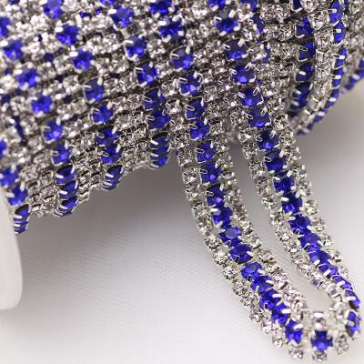 China Flatback 3 Rows Midde Blue + Crystal Gold S Silver Low Rhinetone Cup Chain Sew On Rhinestone Trim For DIY Clothes Bags Decoration for sale