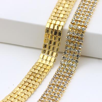 China Flatback 4 Rows Gold Claw Flatback Rhinestone Stocking Trim Sew On Stone Mesh Trim Rhinestone Cup Chain For DIY Wedding Dress Home Decoration for sale