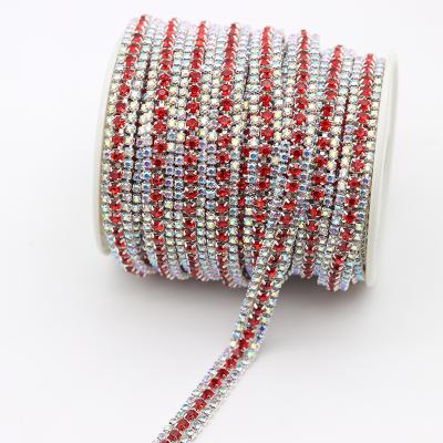 China Flatback 3 Rows Red + Crystal Colored AB Rhinestone Cup Chain Sew On Trim Mesh For Clothing Shoes Rhinestone Decoration for sale