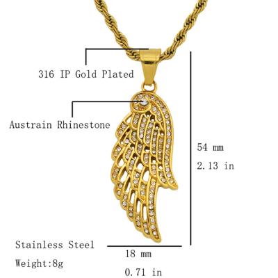 China Hiphop Men's Rope Chain Accessories Stainless Steel Diamond Inlay Gold Angel Wing Necklace for sale