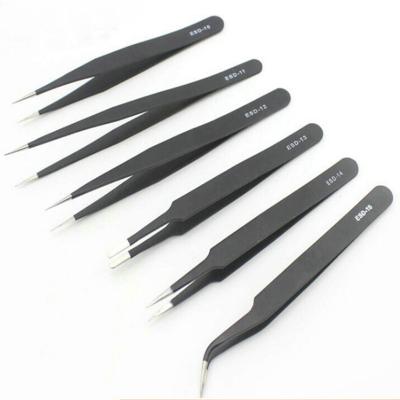 China Electronics factory stainless steel tweezers for electronic components with black anti-static pointed tip ESD electronics factory production line for sale