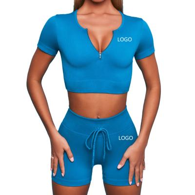 China 2021 Breathable High Quality Fashionable Ribbed Zipper Up Yoga Wear Sportswear Set Seamless Women's Gym Sports Wear for sale