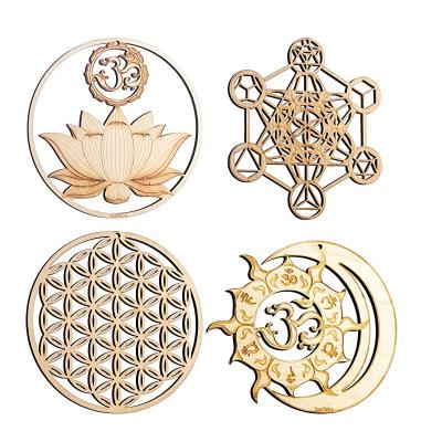 China Sacred Meditation Decor Crystal Grid Wooden Art Symbol Sun Moon Wall Decor Union Art Set Lotus Wall Decor USA Geometry Wall Decor 4pcs for sale