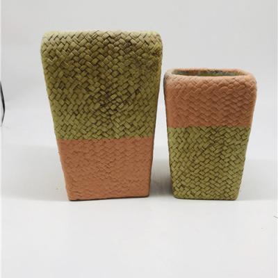 China Modern hemp patterns factory direct cement weaving pot with dry flowers art style Chinese planting for sale