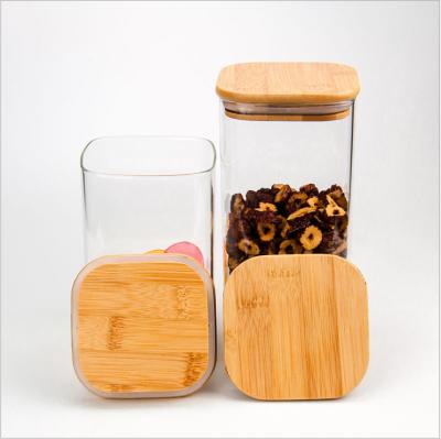 China Sustainable Kitchen Serving Glass Storage Jar Set With Bamboo Lid , Square for sale