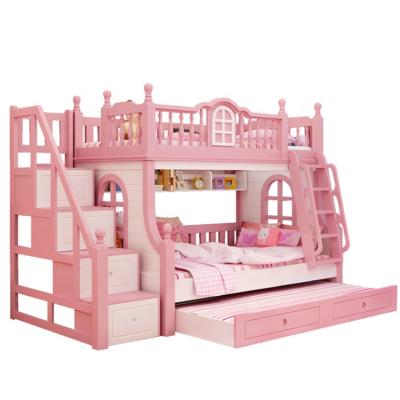 China (Size)Adjustable Princess Castle Pink Bed with Storage Box Girls Kids Bunk Beds Girls Bedroom Solid Wood Furniture for sale