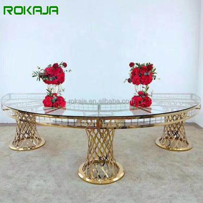 China Modern Semicircle Stainless Steel Glass Top Banquet Dining Tables Carving Hollow Out Dining Party Wedding Table for sale