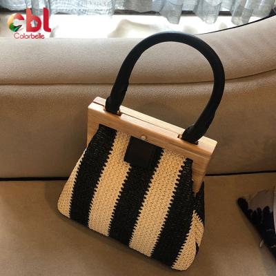 China Fashionable Summer Small Woven Straw Bag Wooden Top Handle Woven Straw Bag Ladies Handbag Women Bohemian Handbag for sale