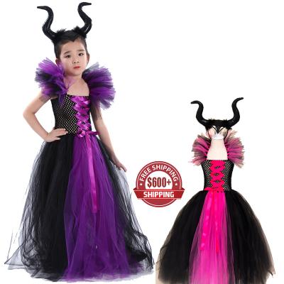 China Polyester Girls Dress Up Halloween Costume Maleficent Witch Clothing For Kids Children Witch Girls Maleficent Costume for sale