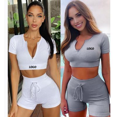 China Antibacterial Free Shipping Summer New Arrival Biker Zipper Lady Short Pants Jogger Two Piece Women Running Set for sale