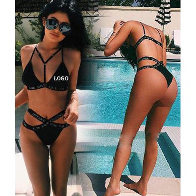 China New Fashion Women Young Girls Halter Bandage Sexy Brazilian Tiny Bikini Black Anti-UV One Piece Swimwear Manufacturer OEM Custom for sale