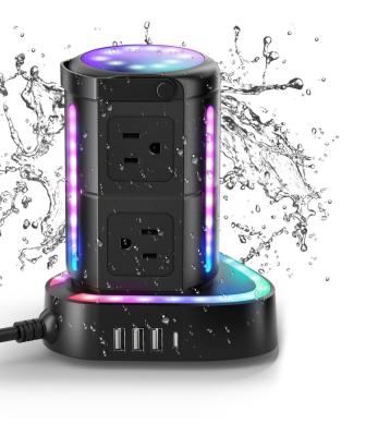 China Industrial Colorful LED Flame Light with 6 Outlets and 3 USB Port Outdoor Tower Power Strip for Outdoor and Indoor Black for sale