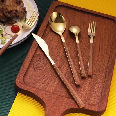 China Sustainable Korean Modern Stainless Steel Flatware Knife Fork Spoon Eco-Friendly Wooden Handle Cutlery Set Cut Design Plastic Handle for sale