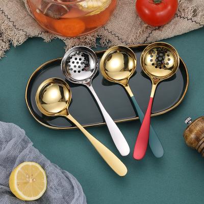 China Kitchen Utensils Strainer Pouch and Soup Pouch Thickening 304 Stainless Steel Soup Spoon Skimmer Viable Cooking Spoon for sale