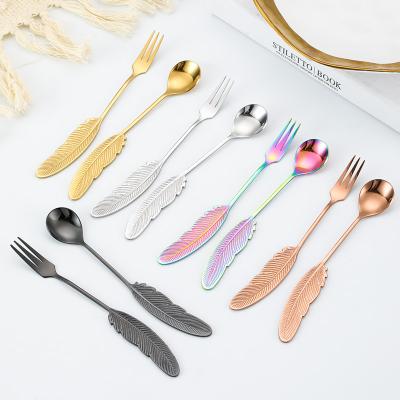 China New come viable Creative Plume Spoon tea spoon cake dessert fork and fork 18-8 stainless steel set for sale