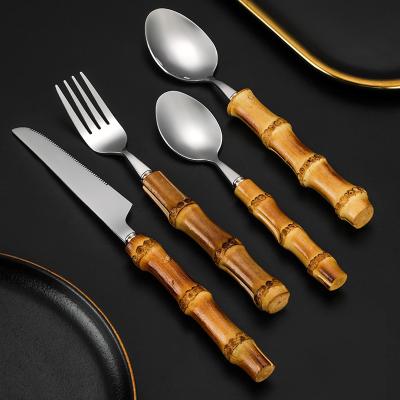 China Sustainable Wholesale Eco Friendly Spoons And Forking Silverware Stainless Steel Flatware 304 Stainless Steel Handle Bamboo Cutlery for sale