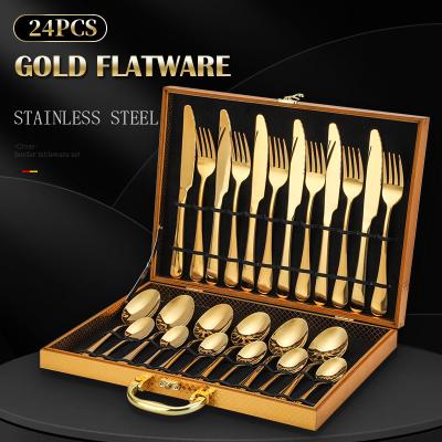 China Amazon Success Viable Knife Fork Spoon Set Restaurant Wedding 24pcs Luxury Gold Flatware Stainless Steel Cutlery Set With Case for sale