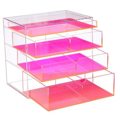 China Handmade Free Combination Makeup Storage Display Box Cosmetics Neon Pink Acrylic Holder for sale