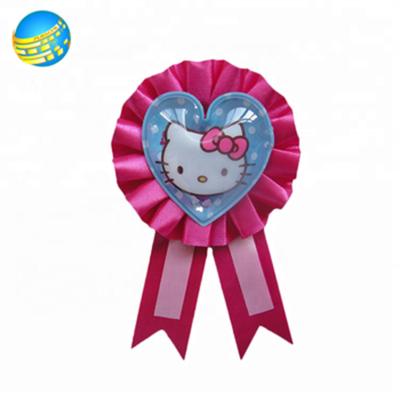 China Wholesale Customizable Recyled China Award Ribbon Rosettes Sport Event Satin Metal Tin Button Badge Printed Logo Template Corsage for sale