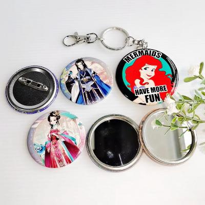 China Single Side Metal Mirror Tin Button Badge Bag Chian Head Chain Anime Cartoon Printing With Custom Design Round Shape Makeup Cosmetic Mirror for sale