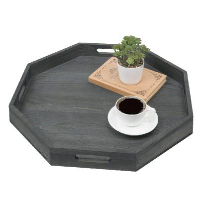 China Antique Imitation Vintage Dark Gray Wood Octagonal Decorative Serving Tray With Cutout Handles for sale