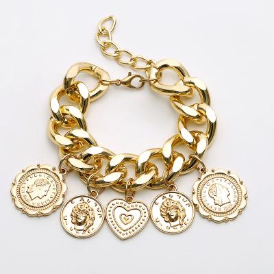 China Punk ready to ship gold love heart female coin bracelet jewelry cuff gold coin bracelet custom metal charm bangle women for sale