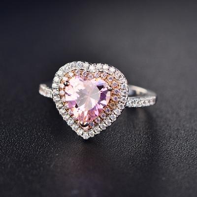 China Fashion Ring Diamond Cubic Zircon Wedding Engagement Princess Heart Zircon Ring Romantic Pink Love for sale