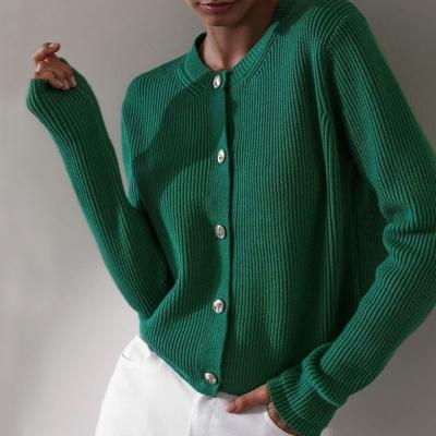 China Anti-Wrinkle Hot Sale Spring Women Cardigan Sweater Single Button Flat Knitted Long Sleeve Striped Crewneck Cardigan Sweater for sale