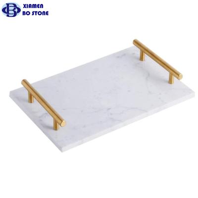 China Customized Sustainable Food Serving Tray With Metal Luxurious White Marble Stone Hand For Decorative Coffee Table for sale