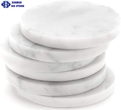 China Sustainable Set of 6 Natural Round White Marble Stone Coasters with Metal Stand for Drinks Bar and Home Deco for sale