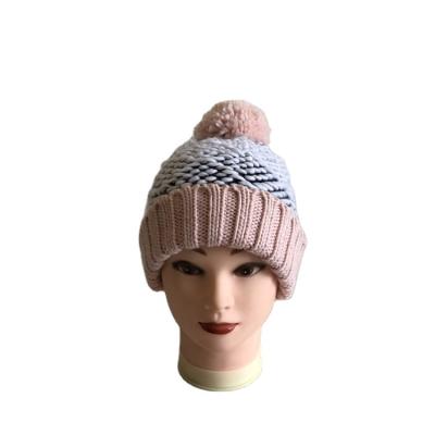 China JOINT hot sale mix cable knit hat with pink contrast yarn pom pom and cuff for sale