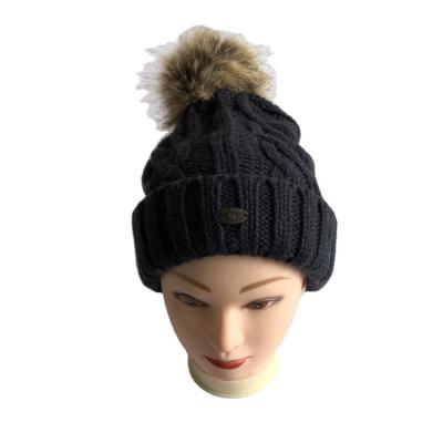 China JOINT Hot Sale Navy Jacquard Knit Hat With Faux Fur Pompom for sale